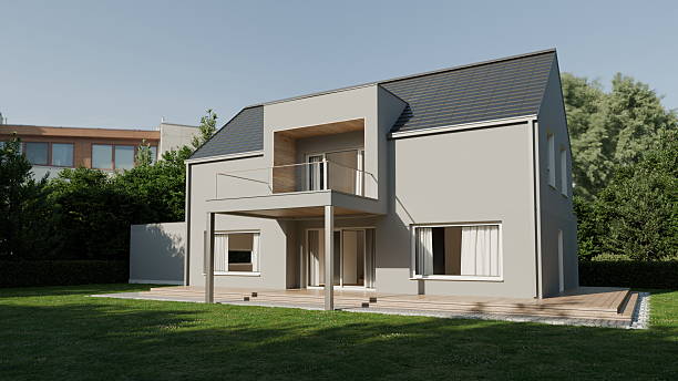 istock house stands in a green yard surrounded by trees. structure has a simple design with a patio area. It is a clear day with sunlight shining on the property. 3d render 2254269273