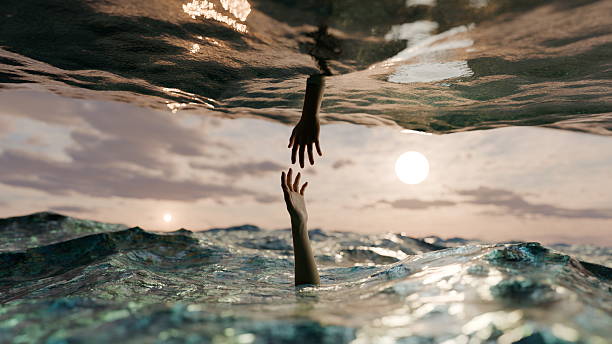 Two hands stretch out from the water as the sun sets. Waves ripple around them. scene shows a moment of connection and longing by the sea at dusk. 3d render.