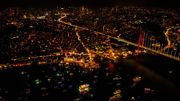 istock Night Fireworks Over Bosphorus Bridge: City Lights, Boats, and Waterfront Celebration. Celebration with fireworks. Istanbul Turkey 2254270091