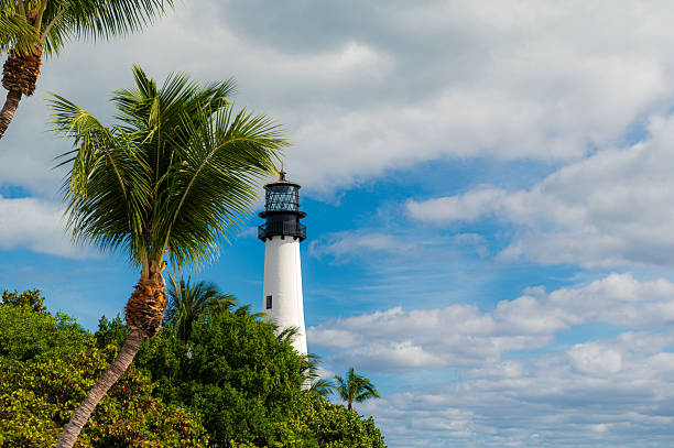 Key Biscayne Cape Florida lighthouse above the tree canopee, palm trees in the foreground, blue sky with some clouds, Key Biscayne, Miami, Florida