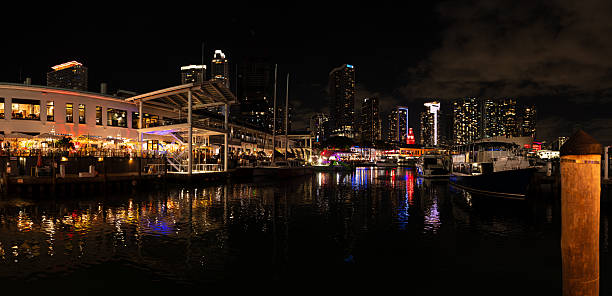 istock Panoramic view of downtown Miami Bayside waterfront at night, with reflection on the water, Miami, Florida 2254276085