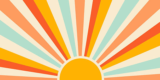 Sunset with rays summer 70s background. Groovy vintage radial pattern of beams. Abstract vector poster design. Trendy illustration.