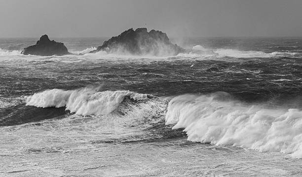 Large breaking sea waves on Cornwall's north coast