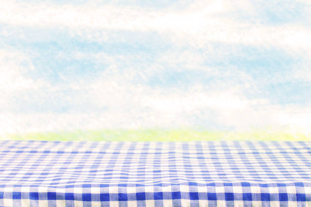 Empty table product. Empty colorful checkered tablecloth over abstract blurred natural bright background texture with space for food and product display montage.