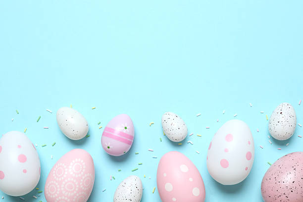 Happy Easter. Colorful eggs on color background, space for text or advertising