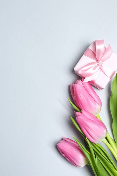 istock Beautiful fresh tulips with gift box on grey background 2254280176