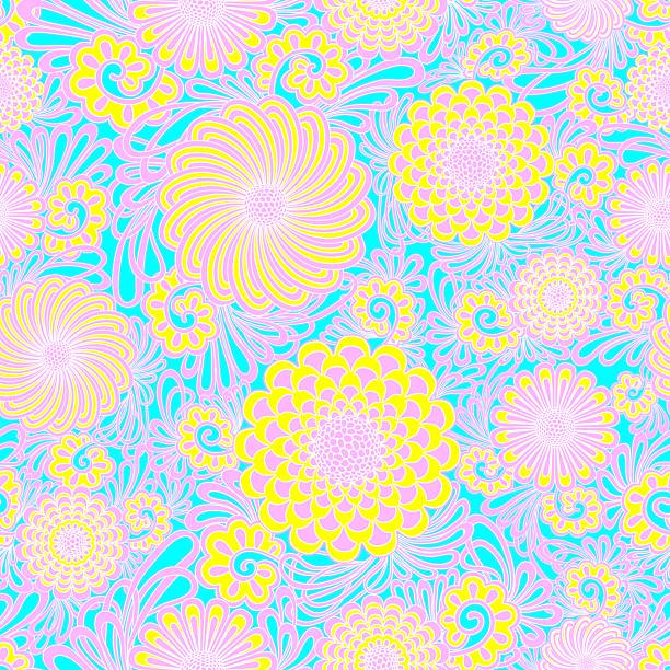 Psychedelic floral pattern with pink and yellow flowers on turquoise background. Swirling shapes and layered petals create vibrant retro texture for textile, wallpaper, posters, decor.