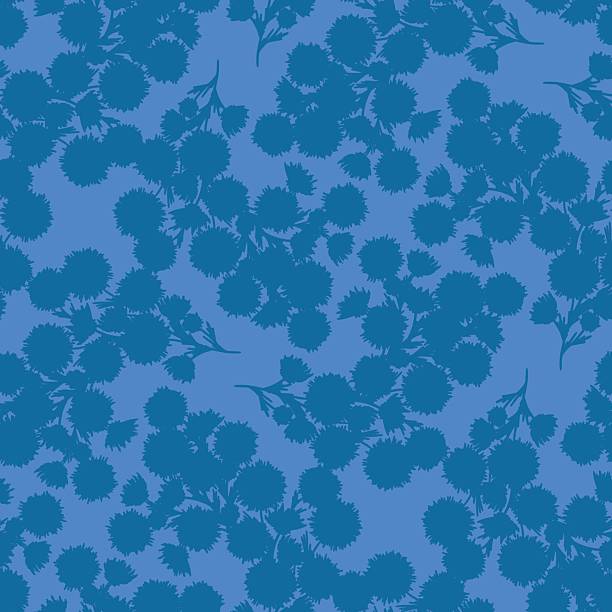 Seamless floral pattern with dark blue silhouettes on light blue background. Stylized flowers and leaves form balanced, elegant texture for textile, wallpaper, decor, digital design.