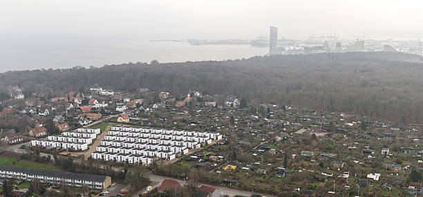 Aerial view of city with harbor from drone.
