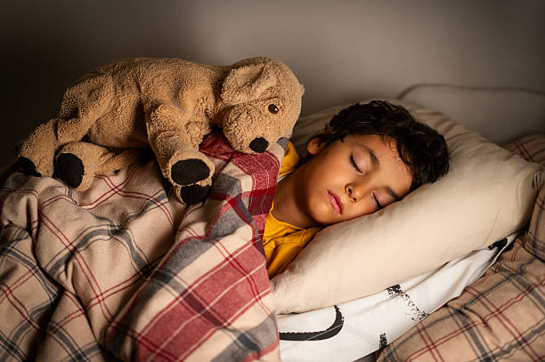 istock Peaceful little boy sleeping in bed with a stuffed dog toy 2254299080