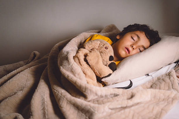 istock Peaceful little boy sleeping in bed with a stuffed dog toy 2254299108