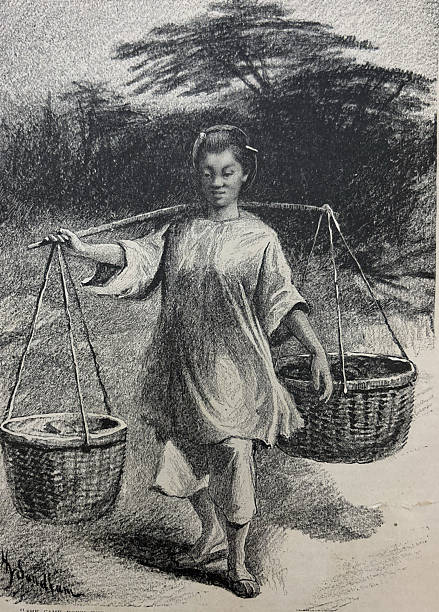 Antique illustration pre 1900 - Chinese woman carrying two large baskets balanced on a pole down a path