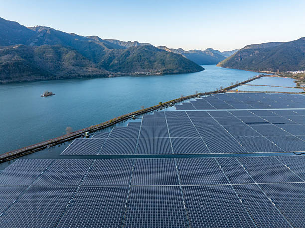 istock Floating solar farm by mountain lake 2254303809