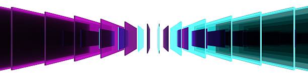 Render 3D. Set of planes arranged in parallel and decreasing in size with a two-colored glass texture.