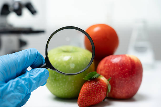 istock Scientist use magnifying glass to check physical occur from chemical on fruit and vegetable residues in laboratory. inspect the concentration of chemical residues, standard, find prohibited substances 2254309663