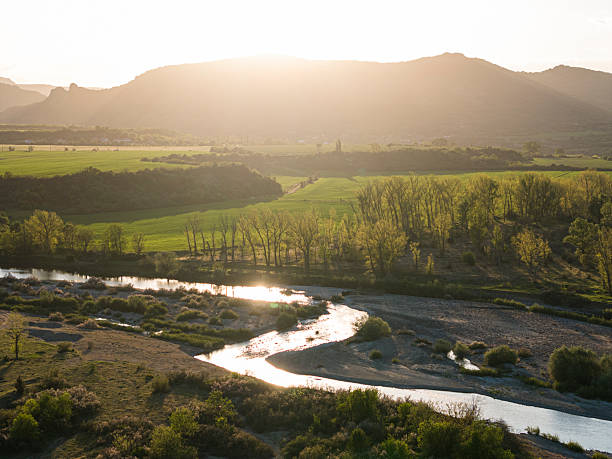 Captivating sunset landscape featuring river gracefully flowing through lush green fields with glowing reflections in it, all illuminated by warm hues of the sun.