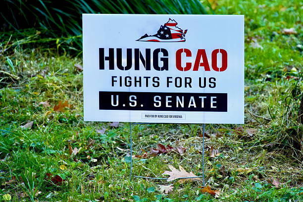 Fairfax, Virginia, USA - October 24, 2024: A yard sign in a suburban Northern Virginia neighborhood shows support for United States Senate Candidate for Virginia Hung Cao during a political campaign.