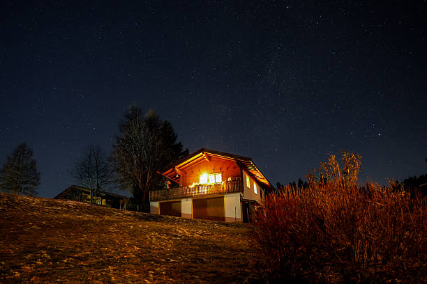 Sachrang,  Germany, December 26, 2025. scene at night, illuminated by a brightly lit building against a starry sky