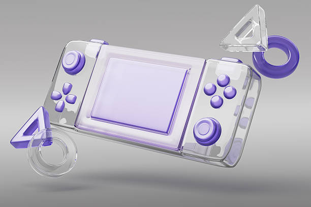 Clear transparent handheld video game console on grey 3d background. Render portable gaming device with purple display, buttons and flying geometric shapes for arcade fun, retro games. 3D illustration