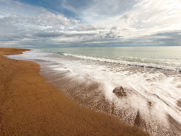 A peaceful scene of a sandy beach with gentle ocean waves rolling in under a clear blue sky. The image captures the serene beauty of the coastline, perfect for conveying relaxation, nature, and the simplicity of the seaside environment.