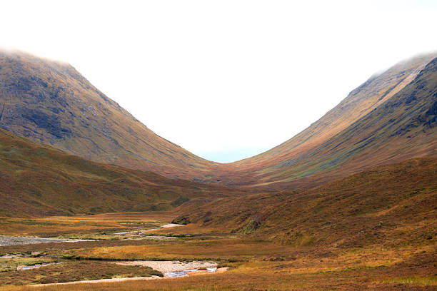 A scenic view of Glen Etive Valley in the Scottish Highlands, bathed in vibrant autumn foliage with golden, orange, and red tones covering the rugged landscape under a soft sky.