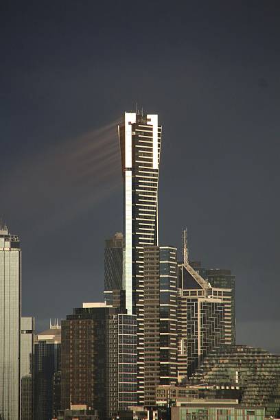 Dawn sunlight refracting from the glazing on the Eureka tower.