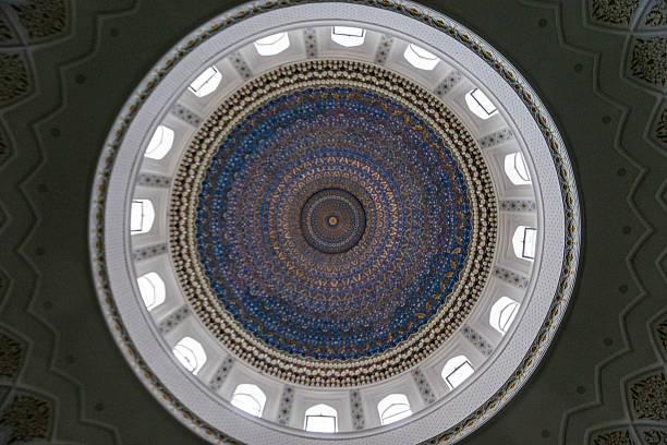 Dome of an Islamic Mosque: Blue-and-Gold Geometric Patterns Framing Skylights