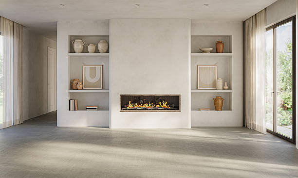 istock Minimalist living room interior with modern fireplace and white walls. Interior mockup, 3d render 2254330236