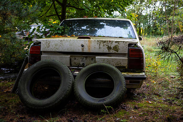 istock White American passenger car abandoned in the woods. 2254336043