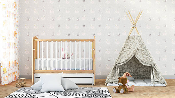 Modern Nursery Room Interior with White Crib and Play Tent. 3D Render