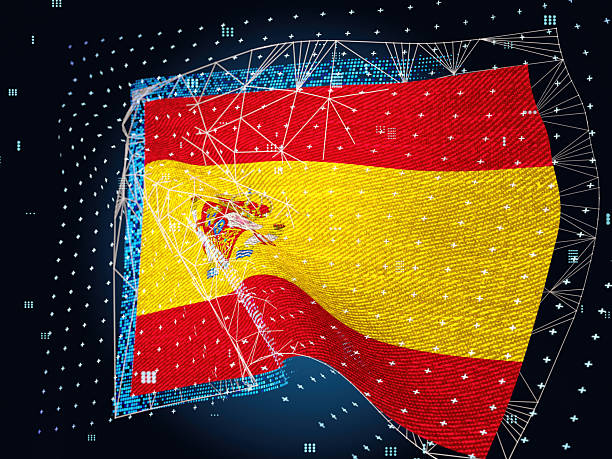 Digital Spain Flag with Futuristic Cyber Mesh and Pixel Elements. 3D Render