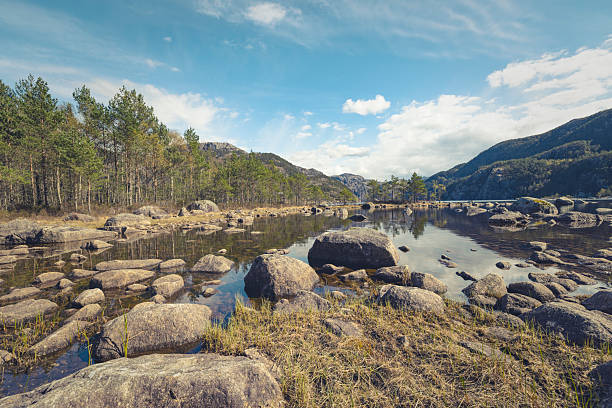 Rocky freshwater lake surrounded by pine forest and rugged terrain in southern Norway. Calm water reflections under a blue sky with scattered clouds, typical Scandinavian nature landscape.