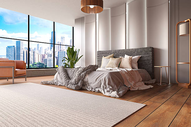 Modern Bedroom Interior with Large Window and City Skyline View. 3D Render