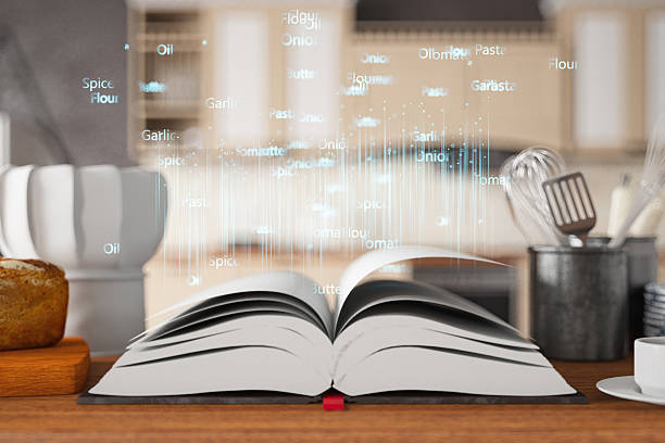 Open Cookbook with Digital Food Ingredients Floating in Kitchen. 3D Render