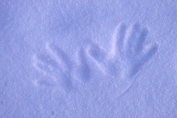 Right human gloved handprint in fresh white snow surface