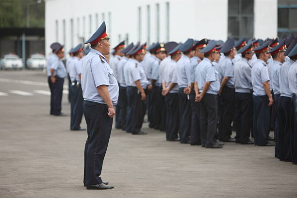 Police personnel line up for duty in a city in Kazakhstan.