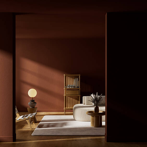 istock Terracotta-toned Scandinavian interior with deep moody atmosphere, soft diffused light and generous negative space enhancing warm contemporary styling. 3D illustration. 2254343456