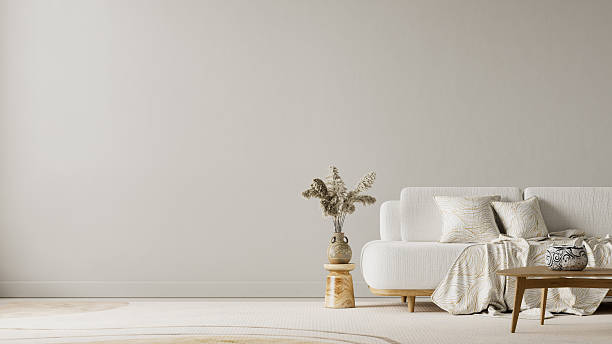 istock Neutral Japandi interior emphasizing wide empty wall and calm lighting for soft contemporary negative space style. 3D illustration 2254343502