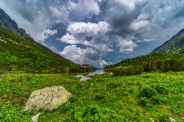 A scenic view of the mountain cabin \