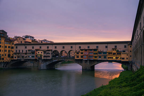 Panoramic view at sunset of the medieval bridge in Florence, Italy.