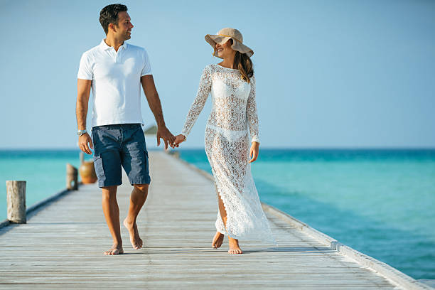 istock Young couple walking along jetty on Maldives 2254350048