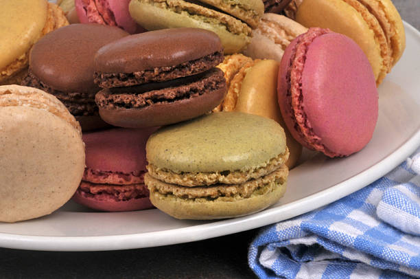 Partial view of a plate of macarons in different flavors