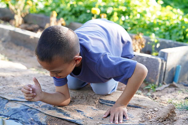 A young boy kneels in a garden, exploring soil with hands. The scene captures the joy of childhood and the beauty of outdoor nature exploration.