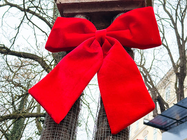 istock Large red ribbon bow on outdoor post amid winter trees 2254356217