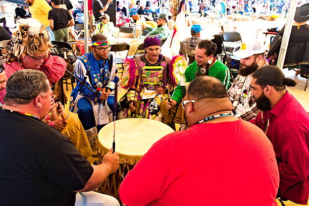 Bolton, NC  October 18, 2025: A drum circle provides percussion and vocal music for the 2025 Waccamaw Siouan Pow Wow in a celebration of native culture and heritage.