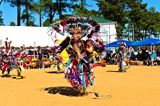 Bolton, NC  October 18, 2025: A American dancer in traditional dress participates in the 2025 Waccamaw Siouan Pow Wow in a celebration of native culture and heritage.