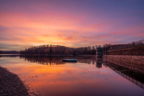 Panoramic image of Neye lake close to Wipperfurth on an early morning during autumn, Bergisches Land, Germany