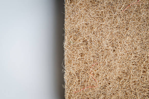 istock Close-up of a coarse brown coconut fiber panel placed vertically on a smooth grey background. The image contrasts the organic, tangled texture with a clean, modern surface. 2254363853