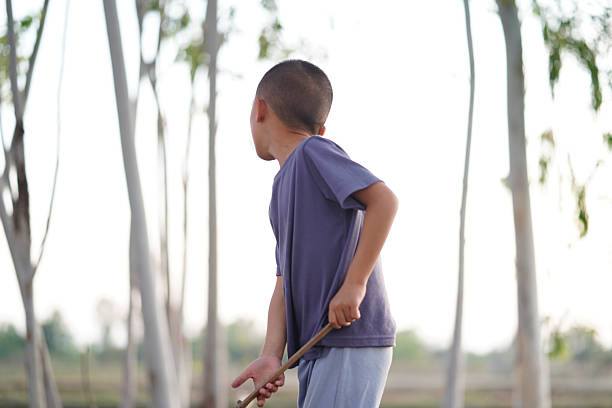 Young boy stands outdoors, holding stick, with his back turned towards camera. background features tall trees and serene landscape, evoking sense of exploration and adventure