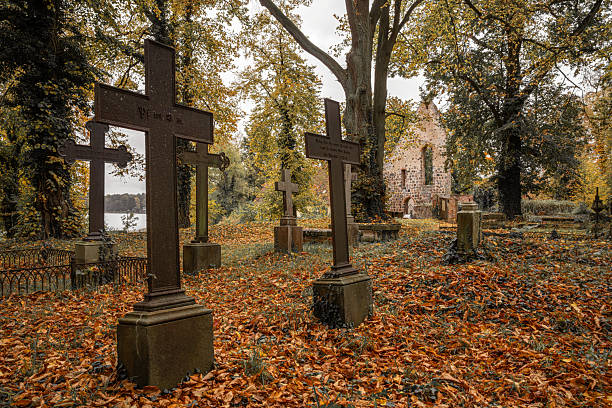 Lindow, Germany - October 17, 2025: Panoramic image of cemetery of monastery Lindow on October 17, 2025 in Brandenburg, Germany